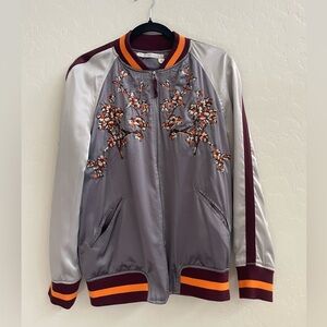 Chelsea & Violet Silver Bomber Jacket with Floral Embroidery